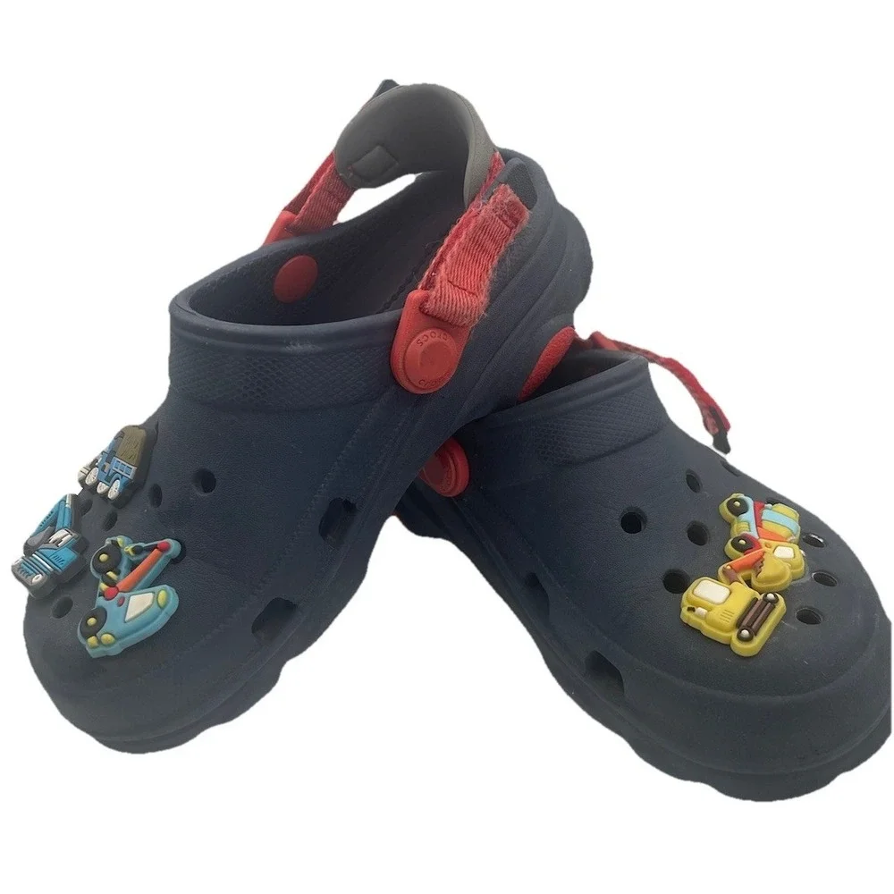 Crocs Kids C11 Preschool Classic Clogs Navy Red Construction Jibbitz Charms Shoe